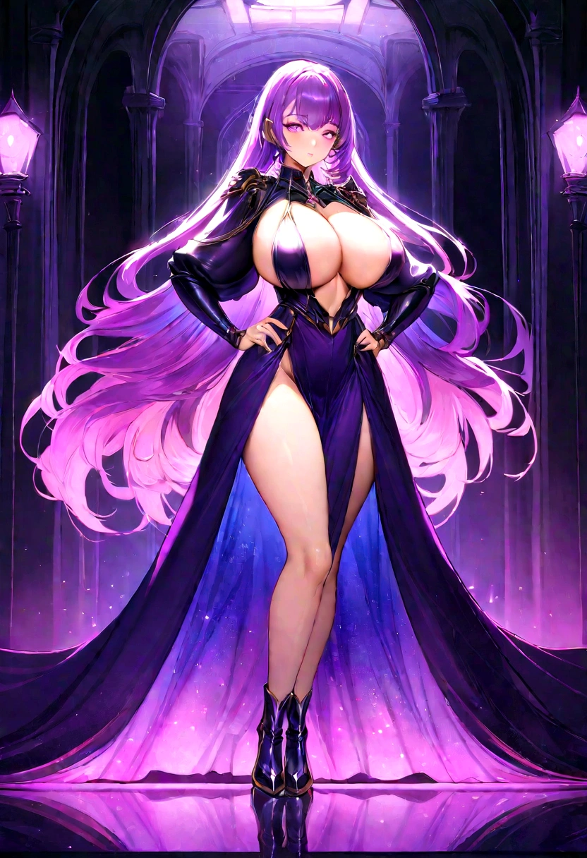 Create a digital artwork of a voluptuous female character with massive breasts in an anime-inspired style. The character should have long, flowing purple hair and large, expressive purple eyes. She should be wearing a revealing but long dress that accentuates her curves. The art style should be a blend of anime and semi-realism, with: Smooth, detailed shading: Use gradients to create depth and volume in the character's form. Sharp, precise line work: Clean lines to define the character's features and outfit. Realistic lighting effects: Emphasize the reflective quality of the whole outfit with highlights and glossy reflections. Soft, ambient background: Set the scene in a dark hallway, the character standing with her legs shoulder-wide apart, standing confidently, bending forward towards the viewer, the camera zoomed in on her bending forward. The background should have a soft, romantic glow with bokeh effects to enhance the dreamy atmosphere. Color vibrancy: Use rich, vibrant colors for the character and background to make the image pop. Ensure the character's expression is giving a seductive and confident look. The overall mood should be bold and captivating, with a high level of detail and polish in the final artwork