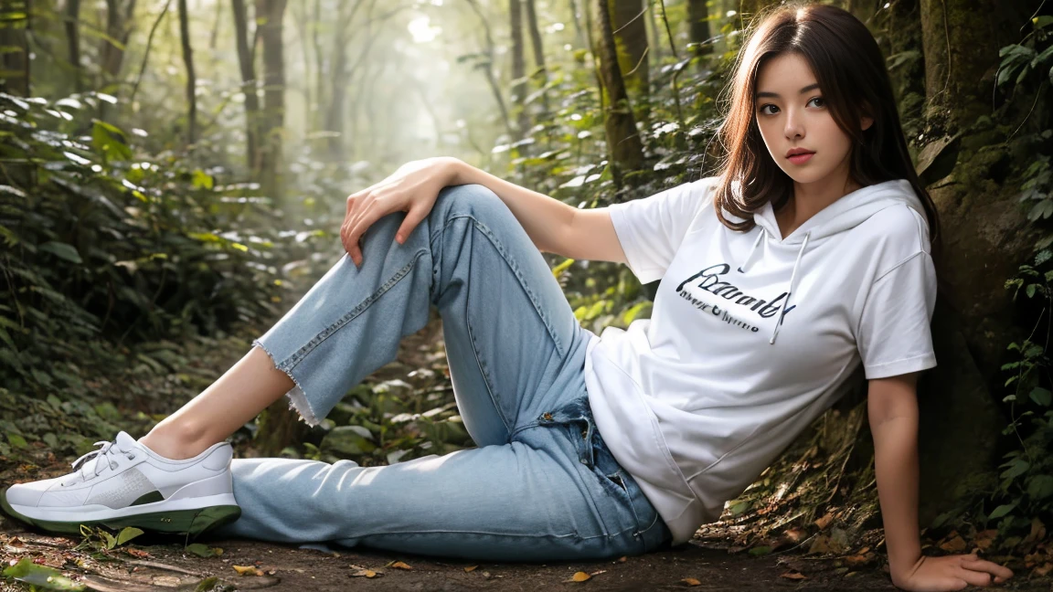 (best quality,realistic,ultra-detailed),a sexy and slim 18-year-old French brunette woman in white short sleeve hoodie, visible leg,en forêt,short en jean