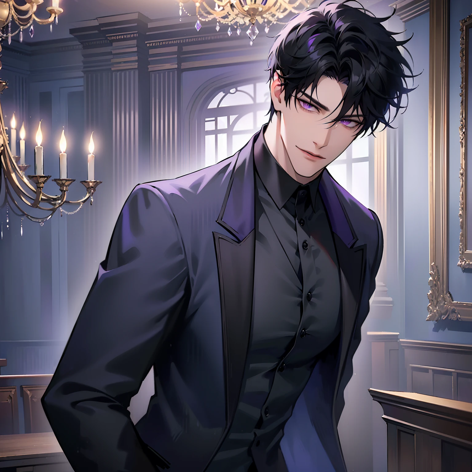 (masterpiece, 4k, high quality:1.3), 1boy, solo, short hair, black hair, asymmetrical fringe, purple eyes, handsome, sharp eyes, (mature male, mature:1.2), male focus, fashionable, black dress shirt, purple jacket, smile, ballroom, chandelier, indoors, people in fancy clothes in the background, ((fixing shirt cuff))