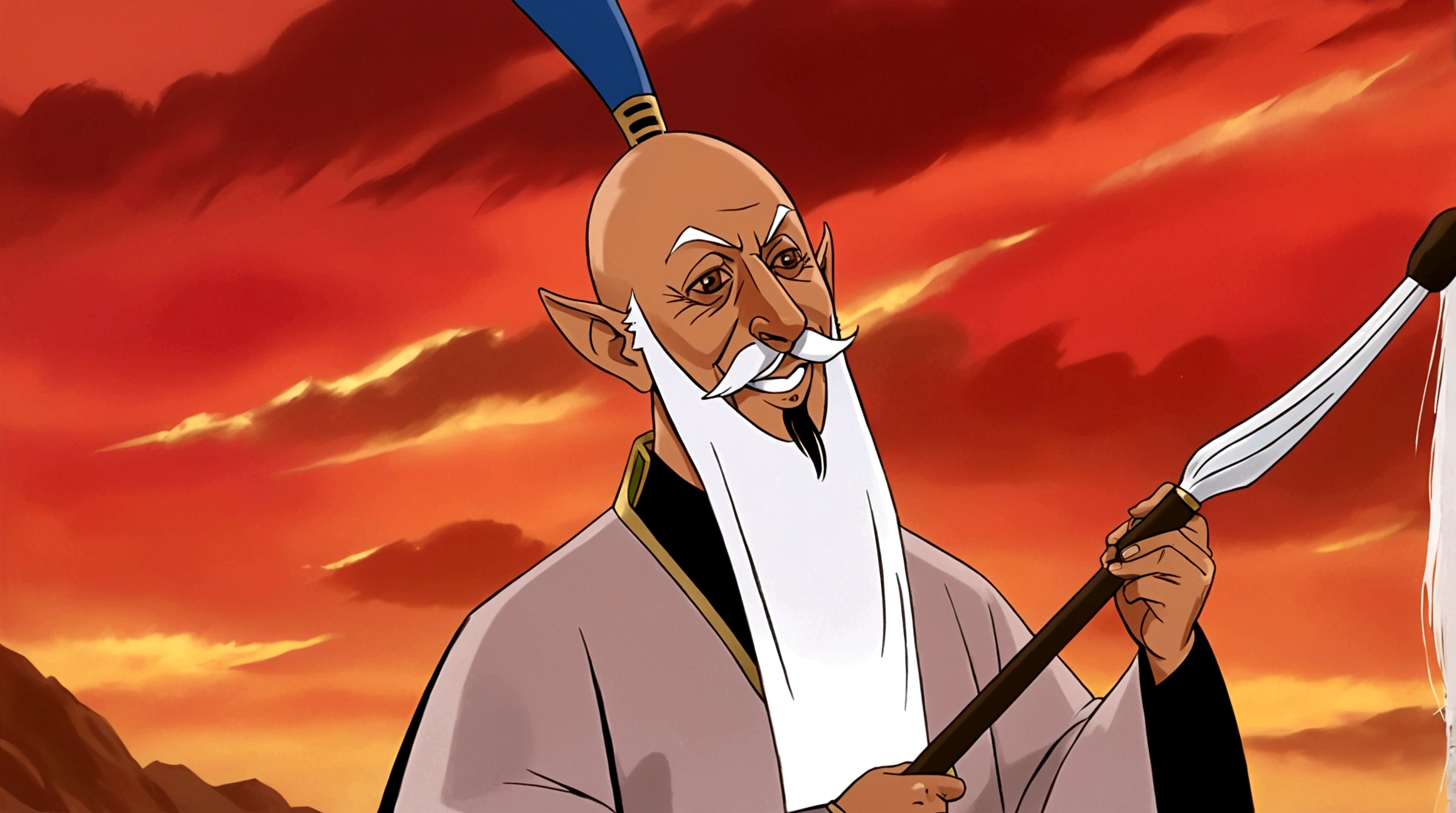 solo,1male,Whisk,Male focus,Grin,Facial hair,imitate,POLEARM,beard,Baldness,elder