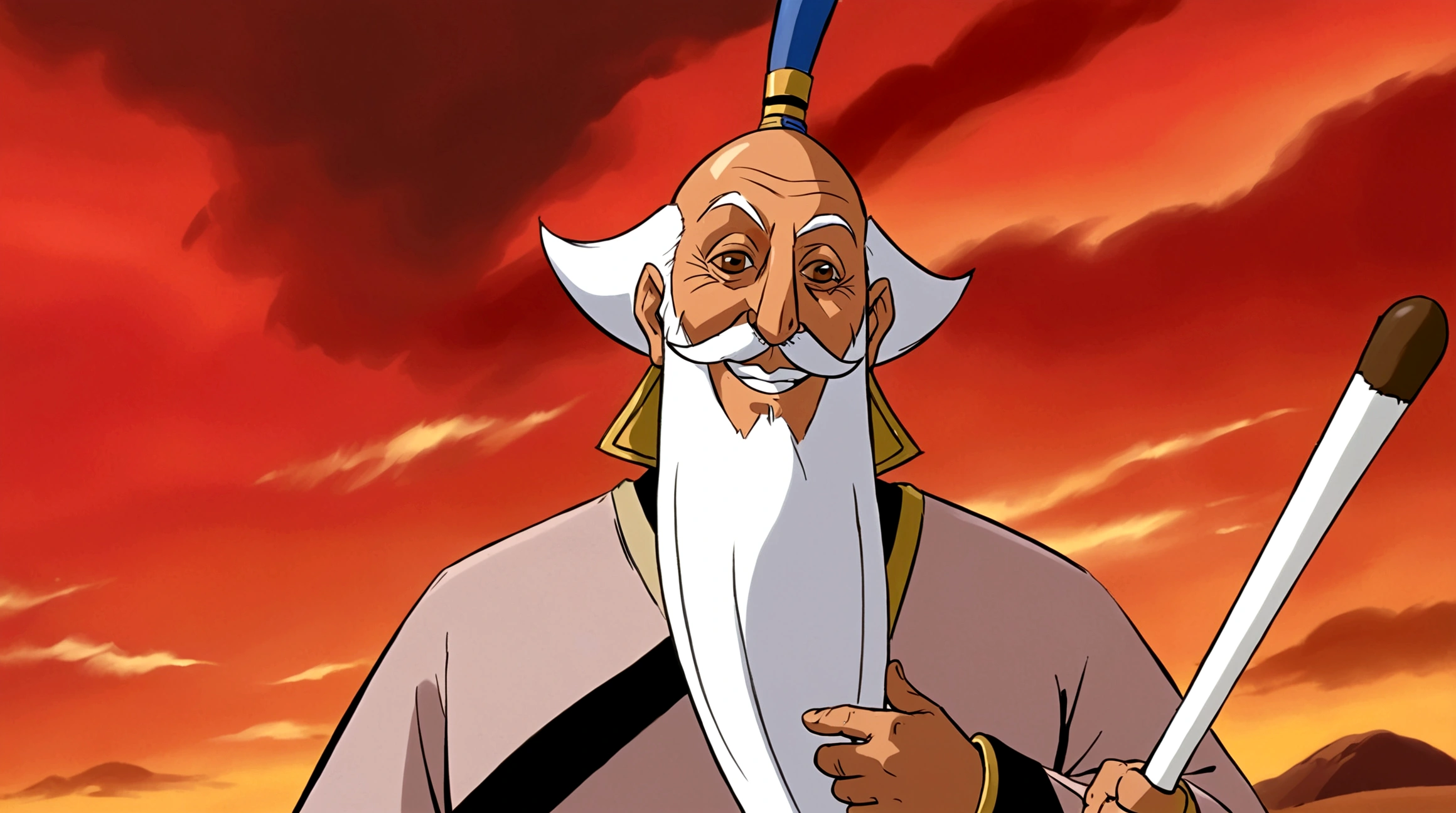solo,1male,Whisk,Male focus,Grin,Facial hair,imitate,POLEARM,beard,Baldness,elder