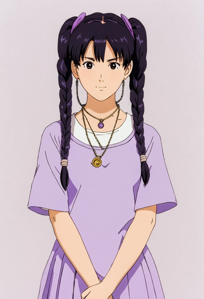 A Ghibli's studio character (2D). She have her black hair tied in a long pigtails. She wears traditional light purple clothes and many chain necklace