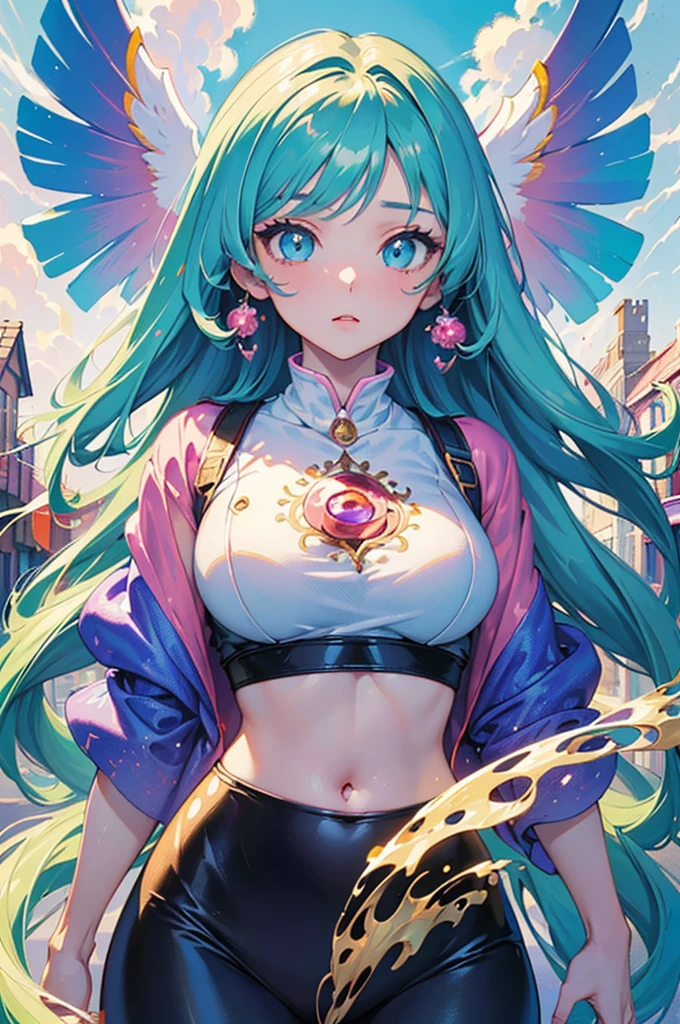 gorgeous girl, wide hips, narrow waist, medium breast, pretty face, glowing perfect skin, wearing letex leggings and white crop top, background of a intricately detailed aesthetic street that goes to a mountain, modern buildings in background, ultra high quality, intricately detailed, super detailed anime illustration, masterpiece, vibrant, complex detail, ghibili studio,