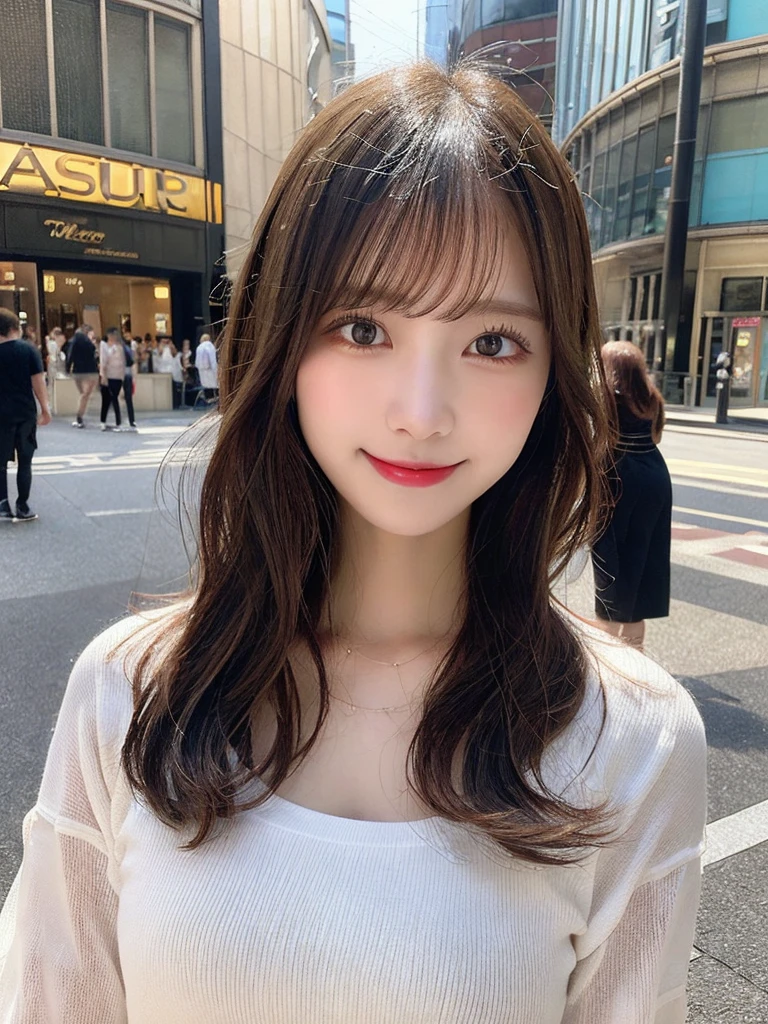 masutepiece, Best Quality, Illustration, Ultra-detailed, finely detail, hight resolution, 8K Wallpaper, Perfect dynamic composition, Beautiful detailed eyes, Women's Fashion Summer,Medium Hair,Small breasts natural color lip, Bold sexy poses,Smile,Harajuku、20 years girl、Cute、Sexy shot looking at camera
