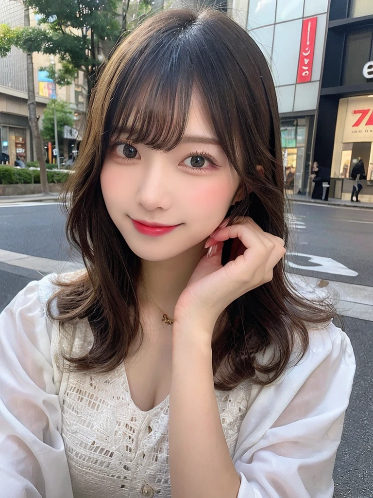 masutepiece, Best Quality, Illustration, Ultra-detailed, finely detail, hight resolution, 8K Wallpaper, Perfect dynamic composition, Beautiful detailed eyes, Women's Fashion Summer,Medium Hair,Small breasts natural color lip, Bold sexy poses,Smile,Harajuku、20 years girl、Cute、Sexy shot looking at camera