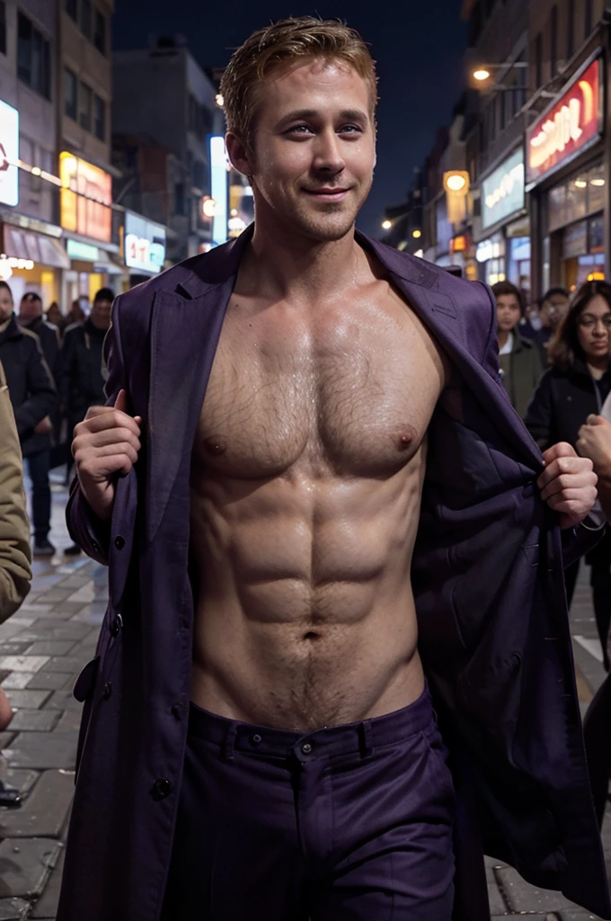 Ryan gosling goes shirtless in front of crowded people on a City Street.his nipple touched by the Guy. He gigles. He laugh. The wind blow the coat. He just wear the purple suit with no Shirt inside. He uses eyeglasses.high resolution. Best quality. Focus on Ryan. Hairy chest