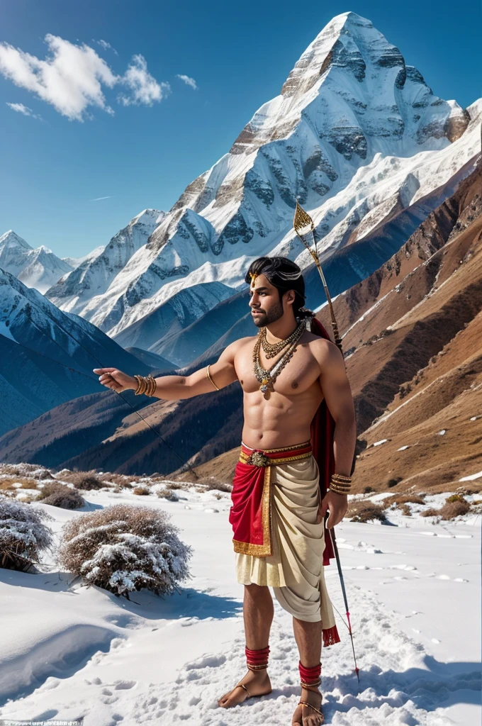 Image of Lord Rama as a reference, create a digital painting of Lord Rama standing majestically in front of the Himalayas. He should be depicted in his traditional attire, holding his bow and arrow. Ensure his aura of divinity and strength is clearly visible. The backdrop should feature the grand and serene Himalayas, highlighting the snowy peaks and the natural beauty of the mountains. The overall scene should convey a sense of peace, reverence, and divine presence