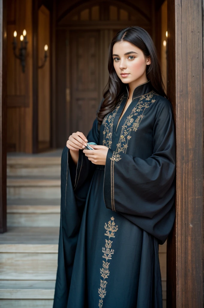 Beautiful brunette girl identical to Master William wearing a long black tunic with blue embroidery