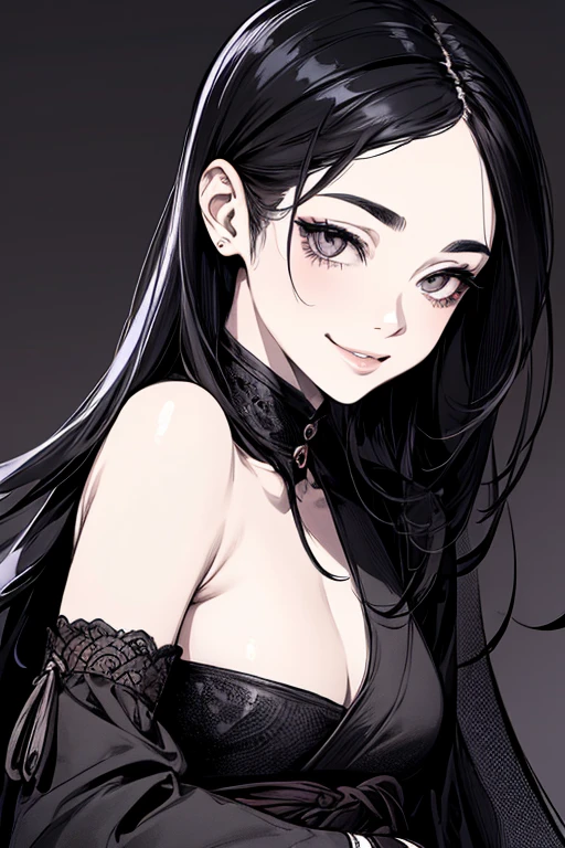 Highest quality, (Background details), High Contrast, Very beautiful woman, Detailed original illustrations、Functional、Small breasts、Kunoichi、washcloth、Delicate face、Black Hair、Fascinating、Villainess、sexy、Real breasts、Crazy Smile, Crazy Eyes, Head close-up, Black Ninja Costume, Black background, (Black background: 1.5), Beautiful line art、Monochrome、Black and White