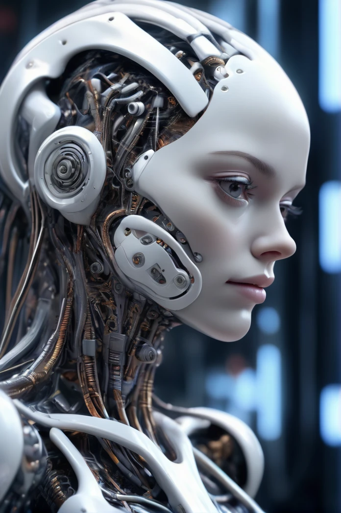Complex 3D rendering、Beautiful porcelain profile female android face ultra detailed, cyborg, robotic paRts, 150mm, Beautiful studio soft light, Rim Light, Vivid details, Gorgeous cyberpunk, race, hypeRRealistic, Anatomical, Facial muscles, Cables and Wires, Microchip, elegant, Beautiful background, Octane Rendering, H. R. Giger Style, 8K, Highest quality, masterpiece, figure, Very delicate and beautiful, Very detailed ,CG ,Unity ,wallpaper, (Realistic, photo-Realistic:1.37),wonderful, In detail, masterpiece,Highest quality,Official Art, Very detailed CG Unity 8K wallpaper, Absurd, incRedibly Absurd, robot, Silver Beads, whole body, Sitting