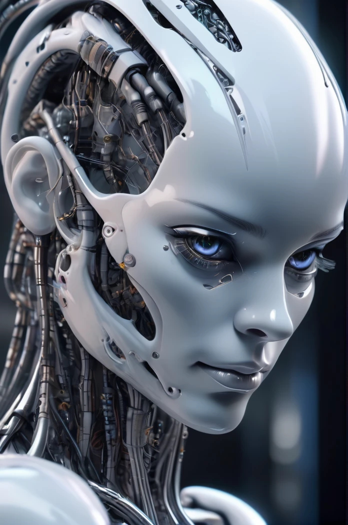 Complex 3D rendering、Beautiful porcelain profile female android face ultra detailed, cyborg, robotic paRts, 150mm, Beautiful studio soft light, Rim Light, Vivid details, Gorgeous cyberpunk, race, hypeRRealistic, Anatomical, Facial muscles, Cables and Wires, Microchip, elegant, Beautiful background, Octane Rendering, H. R. Giger Style, 8K, Highest quality, masterpiece, figure, Very delicate and beautiful, Very detailed ,CG ,Unity ,wallpaper, (Realistic, photo-Realistic:1.37),wonderful, In detail, masterpiece,Highest quality,Official Art, Very detailed CG Unity 8K wallpaper, Absurd, incRedibly Absurd, robot, Silver Beads, whole body, Sitting