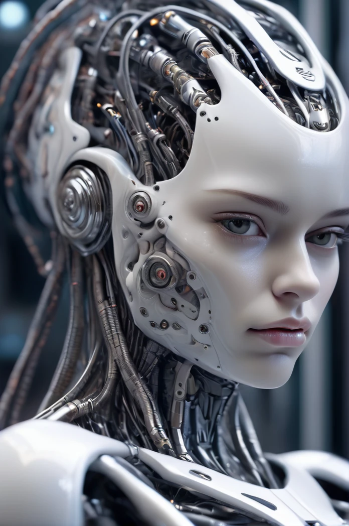 Complex 3D rendering、Beautiful porcelain profile female android face ultra detailed, cyborg, robotic paRts, 150mm, Beautiful studio soft light, Rim Light, Vivid details, Gorgeous cyberpunk, race, hypeRRealistic, Anatomical, Facial muscles, Cables and Wires, Microchip, elegant, Beautiful background, Octane Rendering, H. R. Giger Style, 8K, Highest quality, masterpiece, figure, Very delicate and beautiful, Very detailed ,CG ,Unity ,wallpaper, (Realistic, photo-Realistic:1.37),wonderful, In detail, masterpiece,Highest quality,Official Art, Very detailed CG Unity 8K wallpaper, Absurd, incRedibly Absurd, robot, Silver Beads, whole body, Sitting