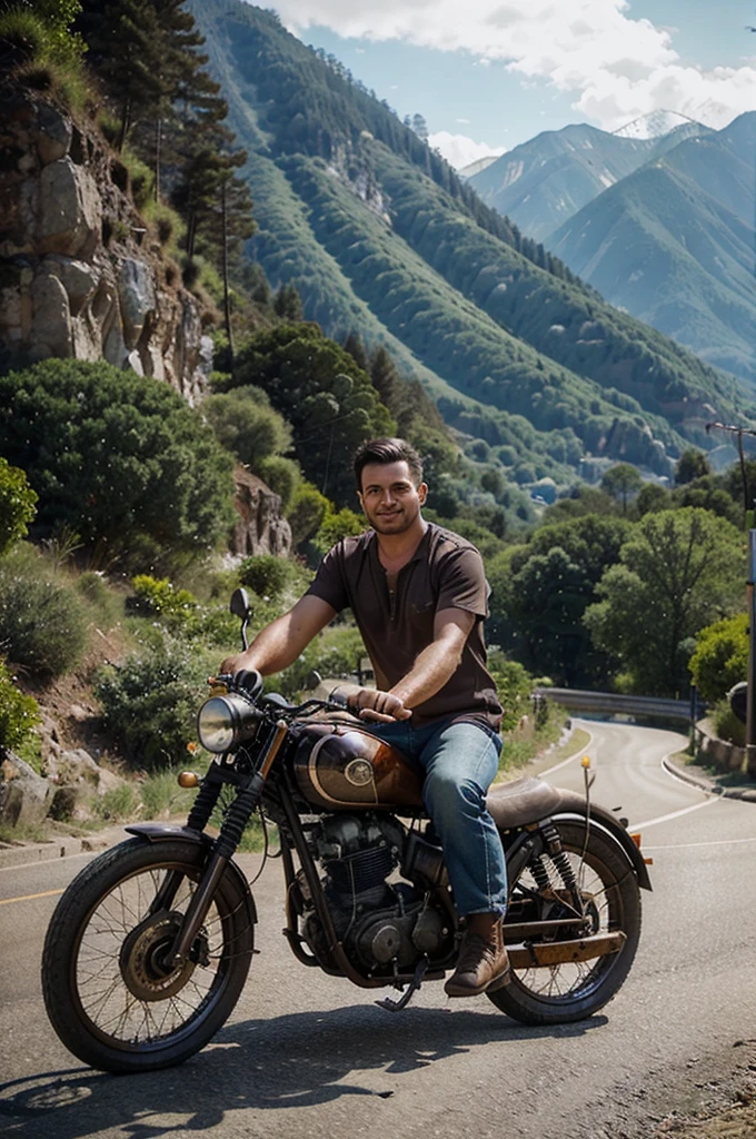 A man riding an antique motorbike on a well-paved highway that passes along the coast with beautiful mountain views behind him