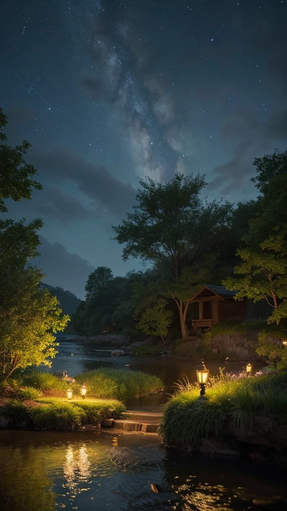 a cat by a realistic-looking riverbank, fireflies, detailed fur, beautiful eyes, realistic lighting, ambient nature sounds, serene atmosphere, cinematic composition, vibrant colors, photorealistic, 8k, (best quality,4k,8k,highres,masterpiece:1.2),ultra-detailed,(realistic,photorealistic,photo-realistic:1.37),highly detailed, intricate details, dynamic composition, dramatic lighting, serene landscape, natural beauty, mesmerizing fireflies, peaceful ambiance, stunning realism