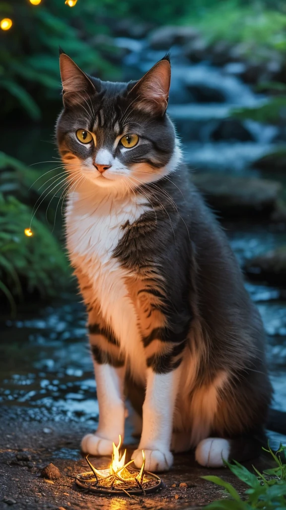 a cat by a realistic-looking riverbank, fireflies, detailed fur, beautiful eyes, realistic lighting, ambient nature sounds, serene atmosphere, cinematic composition, vibrant colors, photorealistic, 8k, (best quality,4k,8k,highres,masterpiece:1.2),ultra-detailed,(realistic,photorealistic,photo-realistic:1.37),highly detailed, intricate details, dynamic composition, dramatic lighting, serene landscape, natural beauty, mesmerizing fireflies, peaceful ambiance, stunning realism
