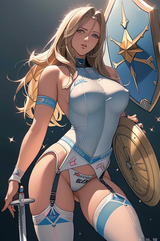 nsfw,Sensual, Long blonde hair, Thick thighs, 8K, 4K, Highest quality, (High resolution:1.6), Cute anime face, Noise Reduction, (Sparkling Blue Eyes, A kind smile:1.3, Kind eyes:1.3)、Toned Abs, Muscular arms, Muscular legs, Young Face, Anime Eyes, Sophitia Alexandra、(Sword in right hand:1.5)、(Equipped with a shield on the left arm:1.5)、(SFW Giant:1.9)、(Beautiful Nose:1.5)、Ultra mini pleated skirt.Long tights、Knee-high boots、(garter belt:1.5)、Beautiful Hands、Beautiful fingers、(High cut thong:1.5