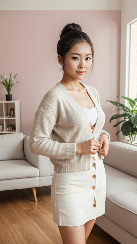 RAW, Best quality, high resolution, (masterpiece: 1.3), half body shot, cute Asian woman, Masterpiece, high bun hair, cute face, bright skin, fair skin, cute eyes, light make up, standing in living room, feminine gesture, graceful expression, body facing viewer, looking to viewer, lilac cardigan, pretty cardigan, white midi skirt, pretty skirt, beautiful in cute pastel shades, at noon, living room background, Great lighting, great sunlight, Bright colors, Ultra realistic clean lines, very realistic