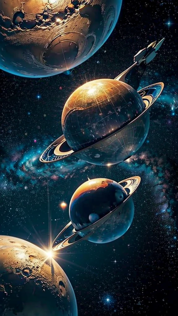 明るい光を持つ宇宙空間のplanetのグループ, 背景に大きなplanet, planet en el fondo, 背後のplanet, planet y galaxias, planet, planet en el fondo, Fantasy Space, planet y lunas flotantes, 浮遊planet, ファンタジーplanet, 3D rendering beep, planet en los cielos, planet en el cielo, planet y estrellas