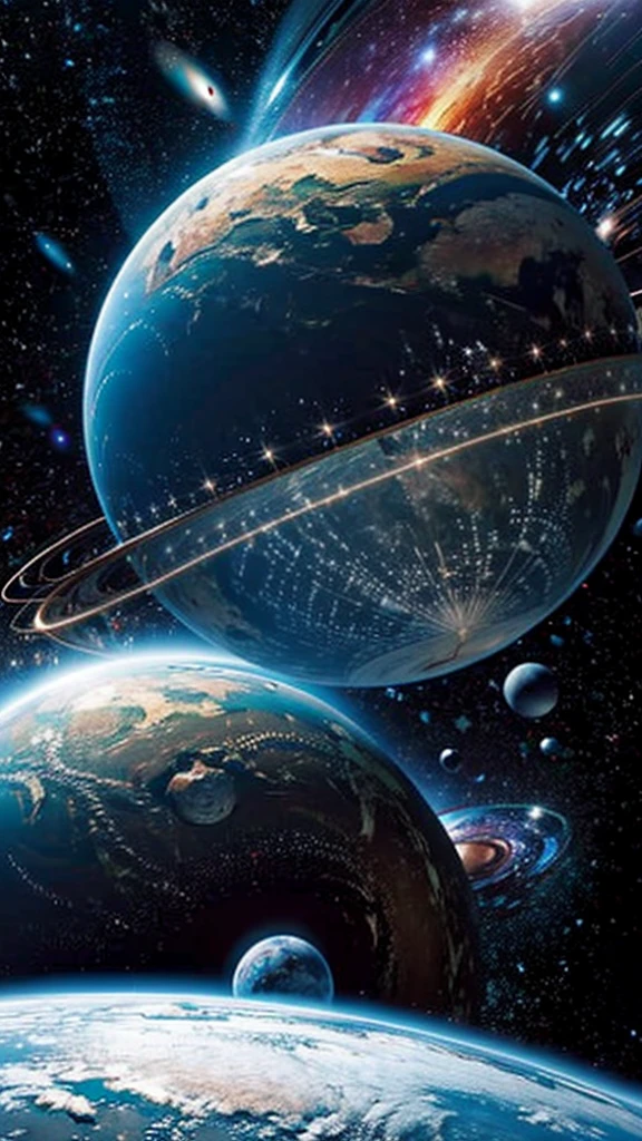 明るい光を持つ宇宙空間のplanetのグループ, 背景に大きなplanet, planet en el fondo, 背後のplanet, planet y galaxias, planet, planet en el fondo, Fantasy Space, planet y lunas flotantes, 浮遊planet, ファンタジーplanet, 3D rendering beep, planet en los cielos, planet en el cielo, planet y estrellas