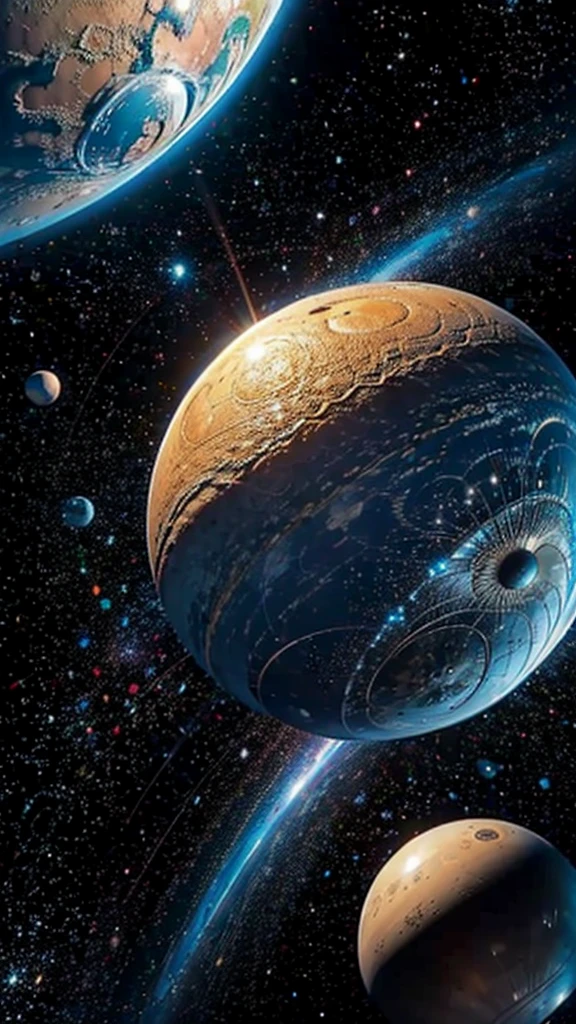 明るい光を持つ宇宙空間のplanetのグループ, 背景に大きなplanet, planet en el fondo, 背後のplanet, planet y galaxias, planet, planet en el fondo, Fantasy Space, planet y lunas flotantes, 浮遊planet, ファンタジーplanet, 3D rendering beep, planet en los cielos, planet en el cielo, planet y estrellas