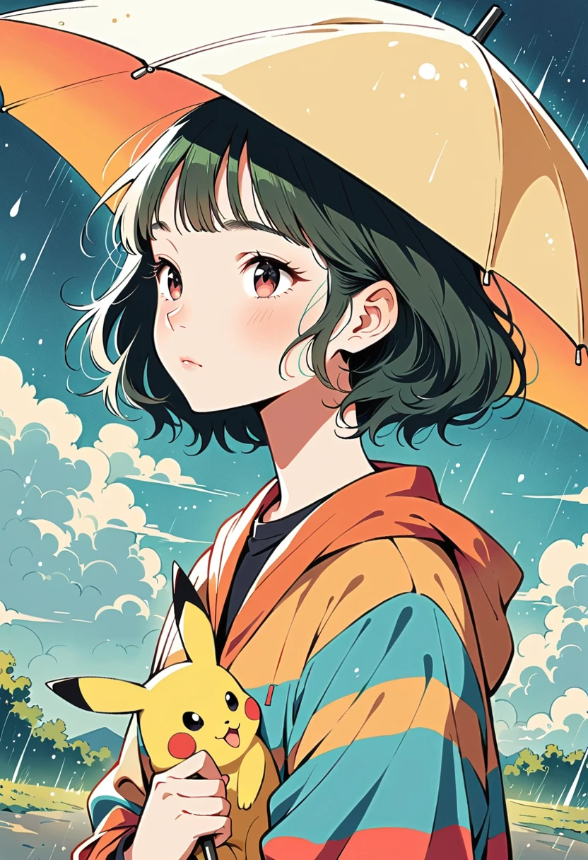 ((anime:1.4,illustration)),(masterpiece, top quality, best quality),(ultra-detailed, absolutely resolution),((16k, high res)), (((Pikachu holding an umbrella in the rain, a rainbow is out, the sky is half sunny and half rainy)) ((cozy lofi illustration:1.4)), ((anime:1.4, illustration)),(masterpiece, top quality, best quality),(ultra-detailed, absolutely resolution),((16k, high res)) BREAK {lofi art, style of Laurie Greasley, style of Makoto Shinkai, anime aesthetic}, BREAK { (produces images with information than 40 million pixels with cinematic-like detailed textures shot on a Sony SLR).}