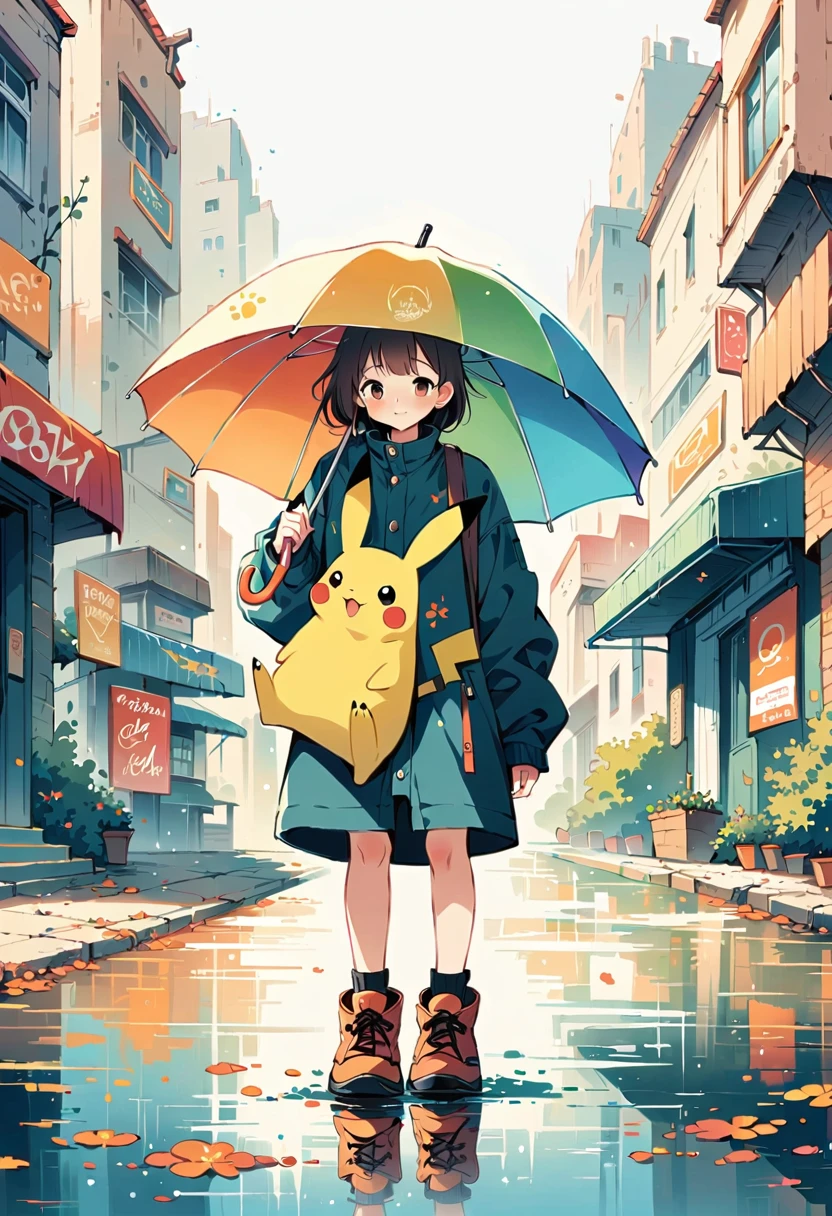 ((anime:1.4,illustration)),(masterpiece, top quality, best quality),(ultra-detailed, absolutely resolution),((16k, high res)), (((Pikachu holding an umbrella in the rain, a rainbow is out, the sky is half sunny and half rainy)) ((cozy lofi illustration:1.4)), ((anime:1.4, illustration)),(masterpiece, top quality, best quality),(ultra-detailed, absolutely resolution),((16k, high res)) BREAK {lofi art, style of Laurie Greasley, style of Makoto Shinkai, anime aesthetic}, BREAK { (produces images with information than 40 million pixels with cinematic-like detailed textures shot on a Sony SLR).}
