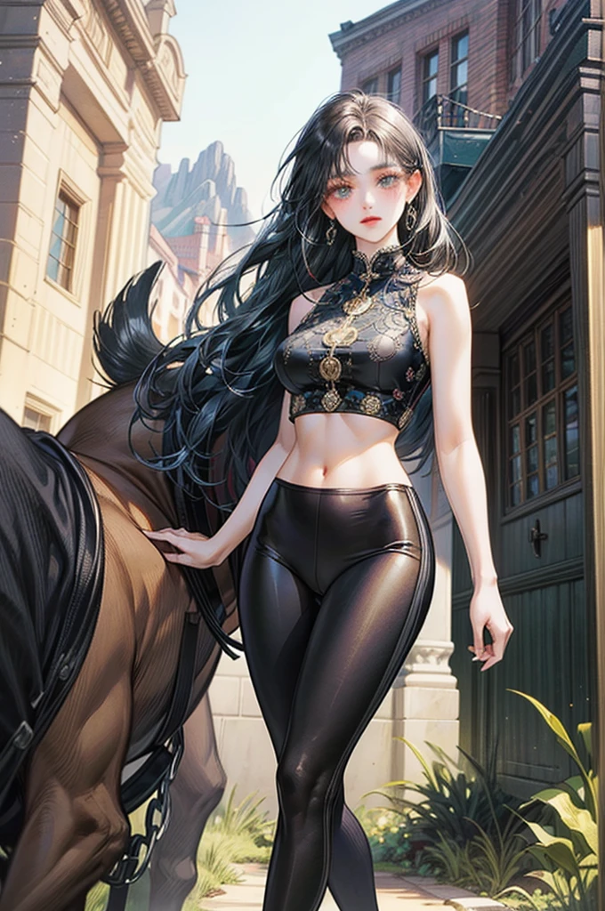 gorgeous girl, wide hips, narrow waist, medium breast, pretty face, glowing perfect skin, wearing letex leggings and white crop top, background of a intricately detailed aesthetic street that goes to a mountain, modern buildings in background, ultra high quality, intricately detailed, super detailed anime illustration, masterpiece, vibrant, complex detail, ghibili studio,