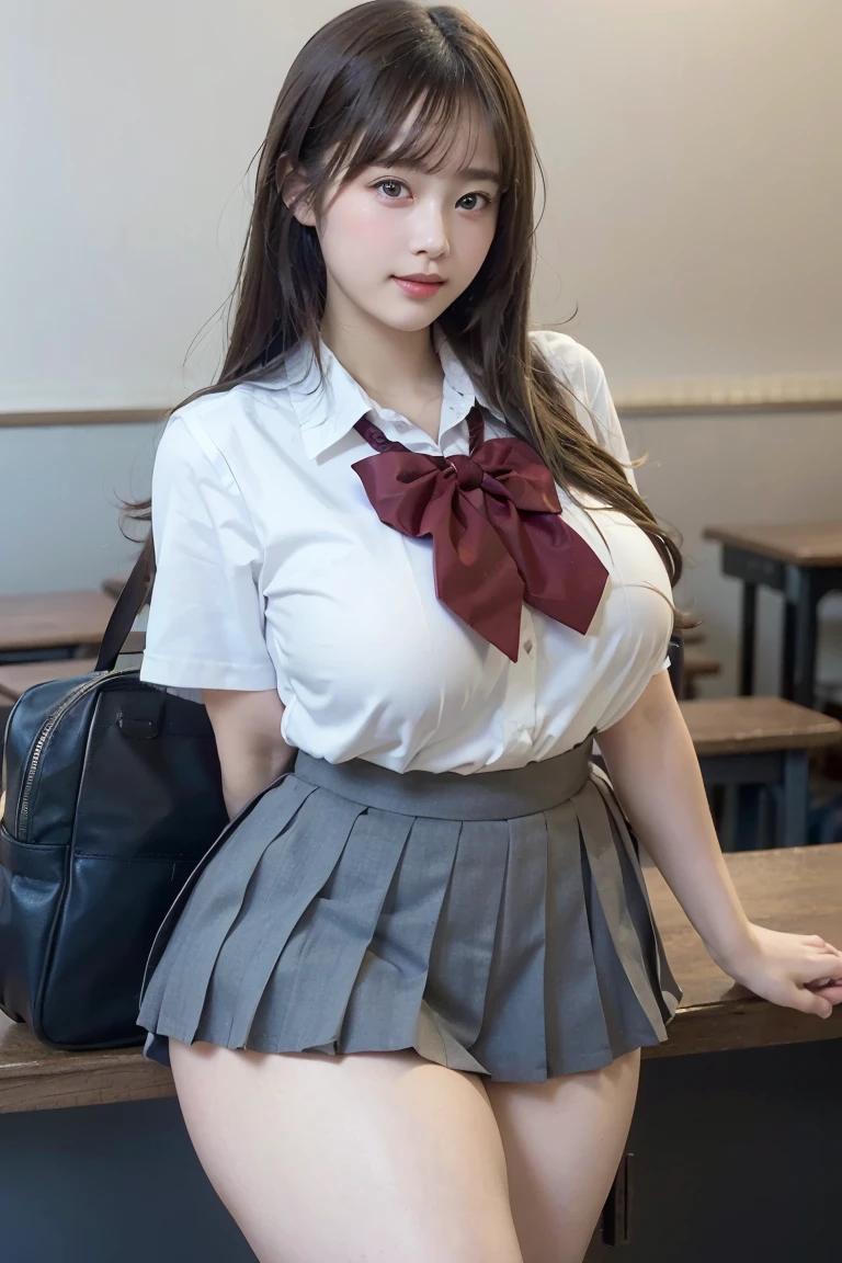 (Best quality,masterpiece,ultra detailed,8K,RAW photo,realistic,high resolution:1.2),(Pretty Japanese girl),(Super huge tits:1.4),(light brown hair),(school uniform,white shirt,pleated skirt:1.4),(voluptuous:1.6),(shoulder length),(light smile),(thick:1.6)