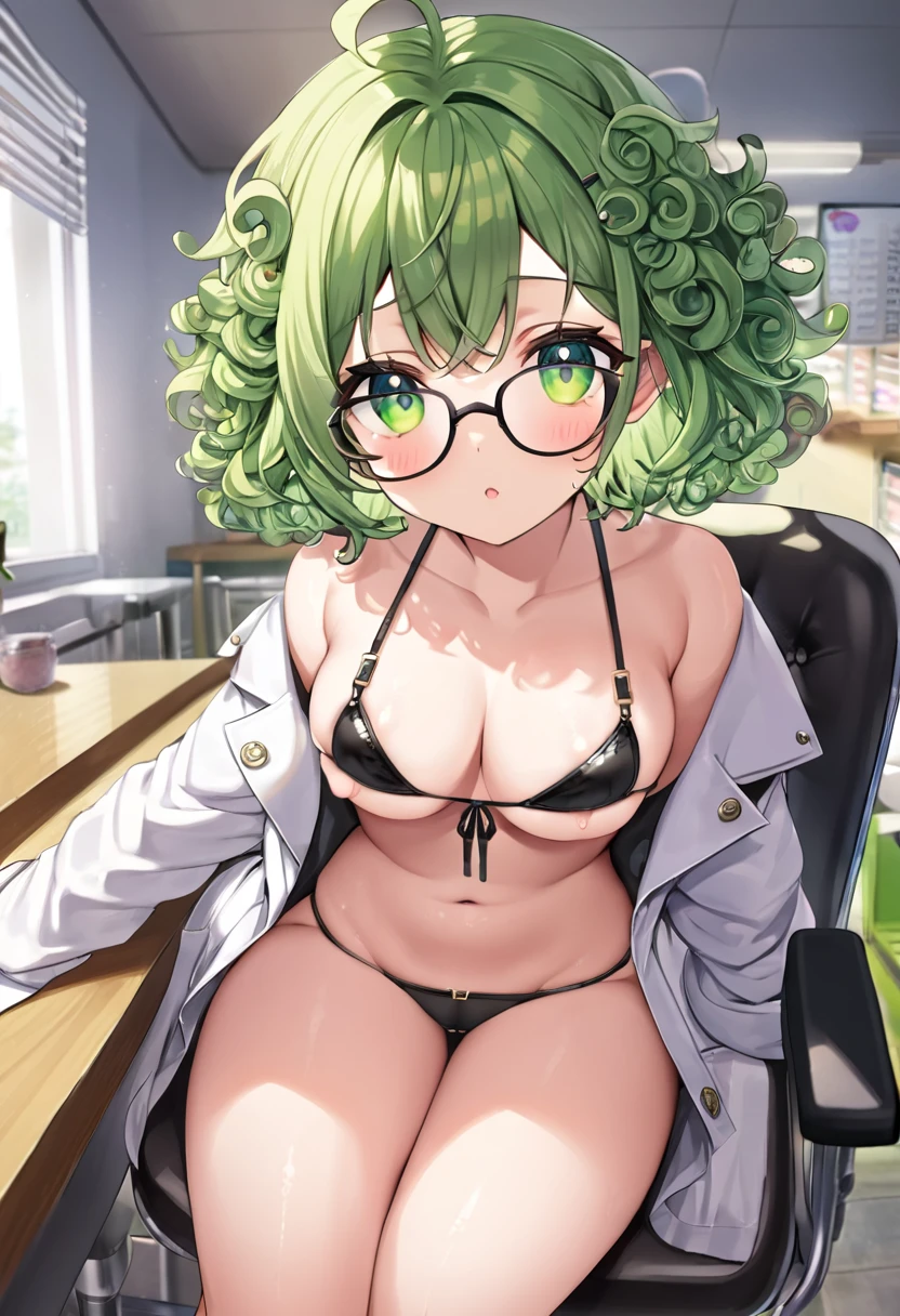 NSFW,1girl,Green Hair,Light green eyes,Curly medium short hair,Square glasses,Wearing a large white coat,,Dairy-free,garter belt,Expressionless,desk,Character portrait,full Art,Black Bikini,Sitting in a chair,Ahegao,pussy juice,cam in pussy