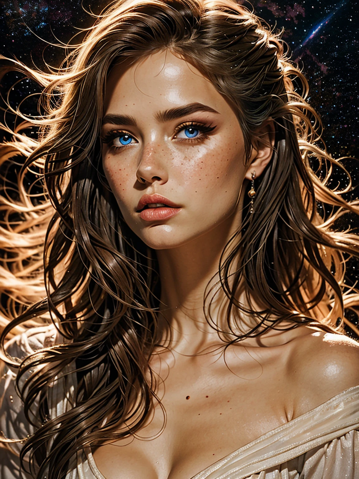 best quality,realistic,portrait,"toppless woman","beautiful detailed eyes","soft and delicate skin","long flowing hair","elegant and graceful pose","subtle lighting","subtle background","oil painting style","vivid colors" very slutty ,space background