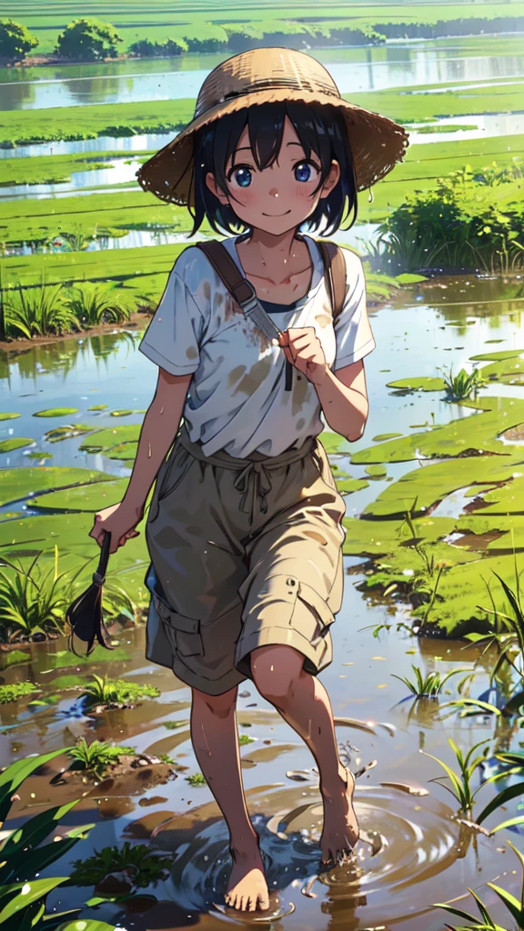 playing in the mud, happy expression, muddy clothes, mysterious, summer rice field,Splashes,