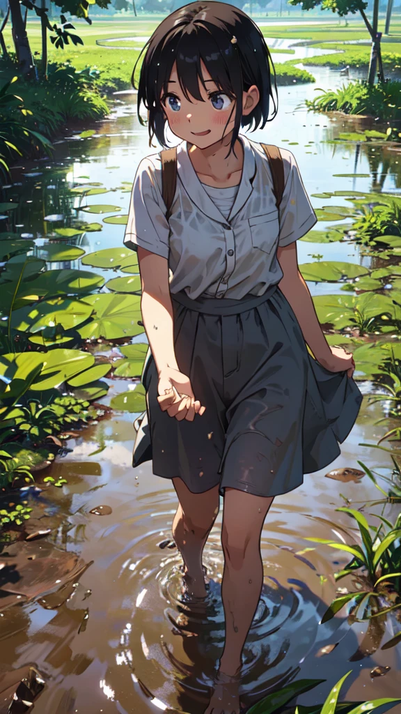 playing in the mud, happy expression, muddy clothes, mysterious, summer rice field,Splashes,