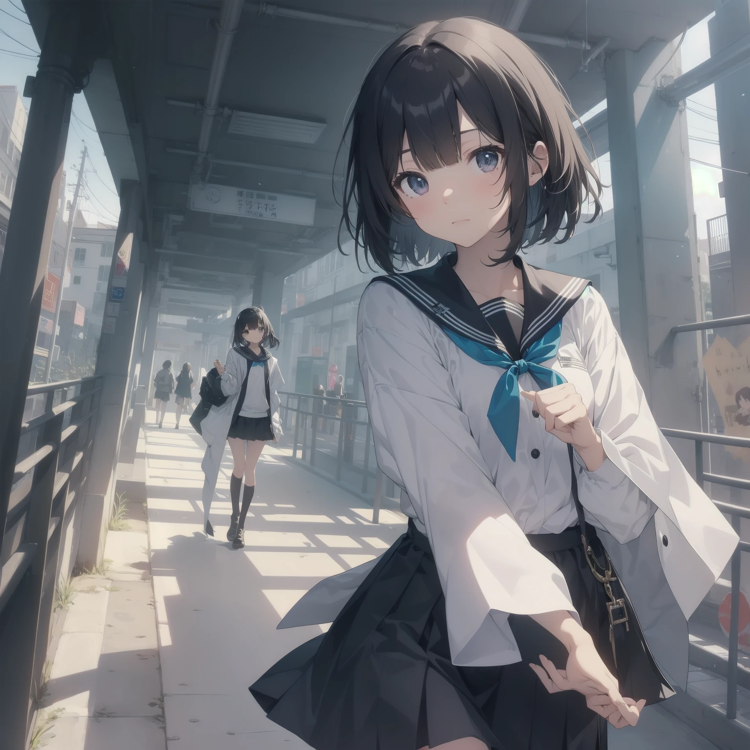 ultra-absurdres-Top quality by artist God, ultra-detailed, high resolution, anime moe artstyle, best anime 8k konachan wallpaper, pixiv contest winner, pool:2810, perfect anatomy,break, 1girl, (Please draw a girl walking sleepily to school alone. )break,(Solo,little female, -yeld:1.Full limbs, complete fingers,a junior hihort hair), short cut, flat chest, , small butt, small black eyes, beautiful detailed eyes, well-proportioned iris and pupils, expressive eyes, highres detailed hair, soft expression, salor school_uniform, sailor collar, serahuku, bow, pleated skirt,(Detailed Lighting), (Detailed background), in the School commute route. break,super detailed skin, Best cinematic lighting powered by famous artist, 8k,beauty illustration,photoshop_(medium),very aesthetic,break,((artist:takafumi )), artist:clamp ,artist:carnelian ,artist:kantoku ,