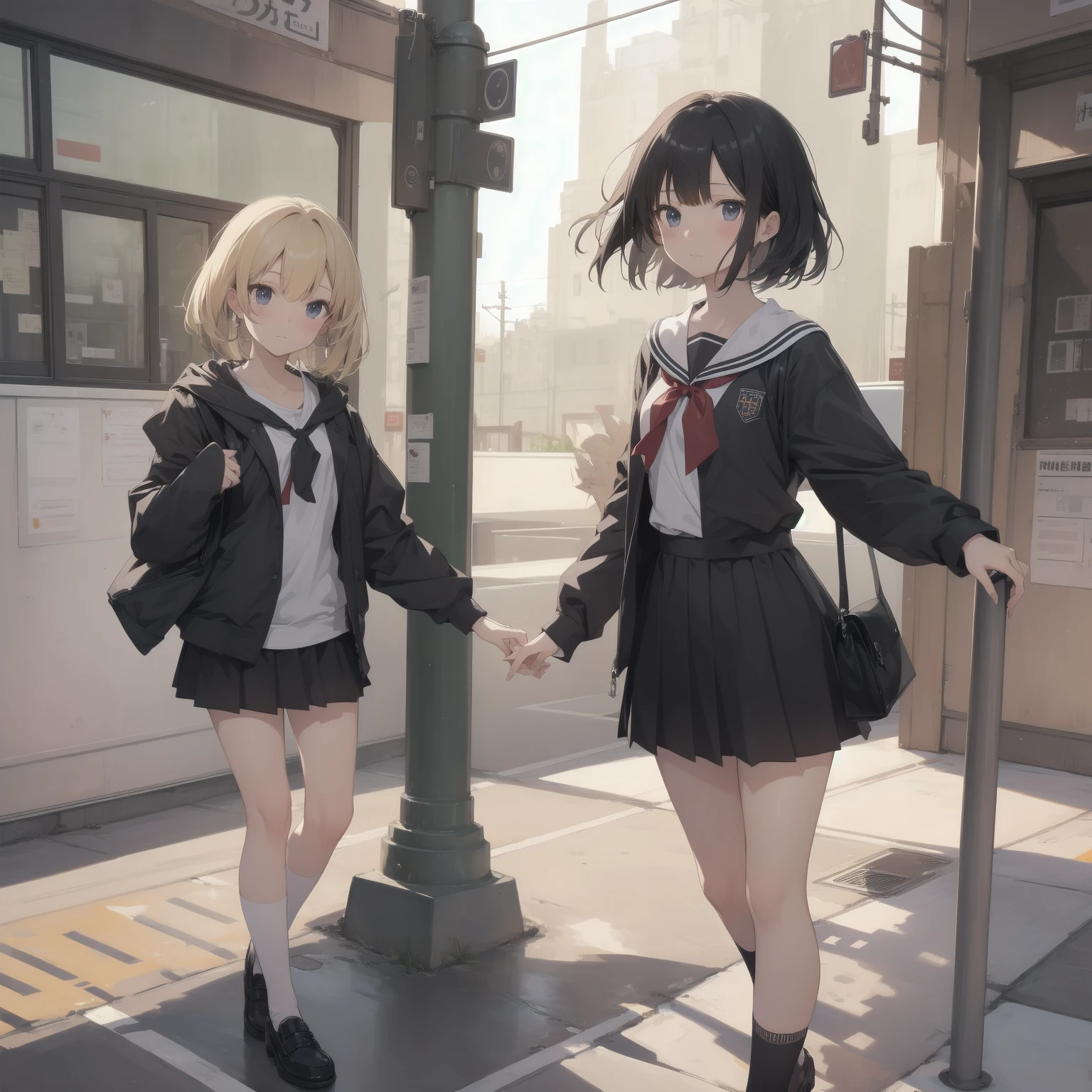 ultra-absurdres-Top quality by artist God, ultra-detailed, high resolution, anime moe artstyle, best anime 8k konachan wallpaper, pixiv contest winner, pool:2810, perfect anatomy,break, 1girl, (Please draw a girl walking sleepily to school alone. )break,(Solo,little female, 13-year-old:1.3),Full limbs, complete fingers,a junior high school student, (very short hair), short cut, flat chest, , small butt, small black eyes, beautiful detailed eyes, well-proportioned iris and pupils, expressive eyes, highres detailed hair, soft expression, salor school_uniform, sailor collar, serahuku, bow, pleated skirt,(Detailed Lighting), (Detailed background), in the School commute route. break,super detailed skin, Best cinematic lighting powered by famous artist, 8k,beauty illustration,photoshop_(medium),very aesthetic,break,((artist:takafumi )), artist:clamp ,artist:carnelian ,artist:kantoku ,