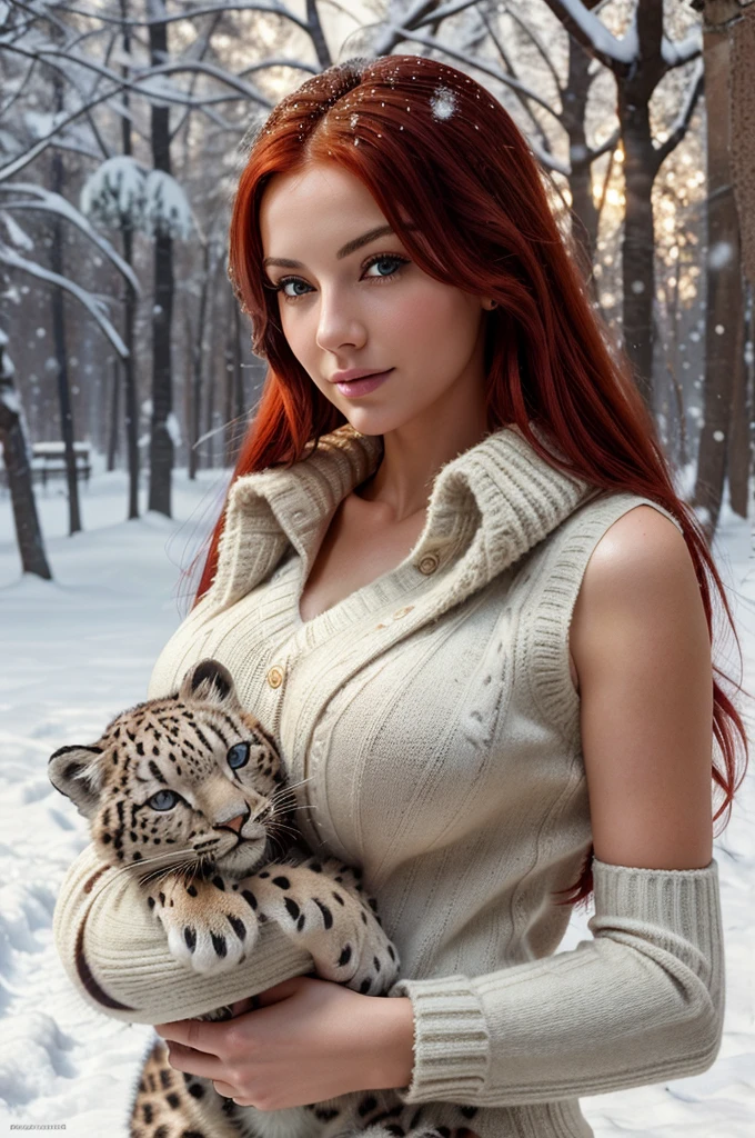 A beautiful italian girl,red hair,40dd boobs,petting a snow leopard cub in the snow, wearing a sweater vest, photorealistic, hyperrealism, stunning, award-winning photography, bokeh, vivid, beautiful lighting, HDR, 16k.