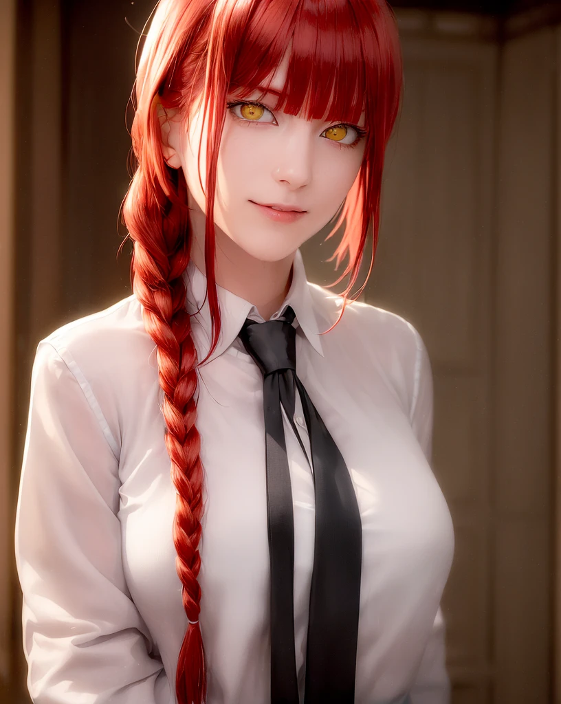 masterpiece, (photorealistic:1.4), best quality, beautiful lighting, , makima \(chainsaw man\), (red hair)+(long braided hair)+(bangs), yellow eyes, golden eyes, (ringed eyes), (white shirt), (necktie), RAW photo, 8k uhd, film grain, looking at the viewers with a smile, in the middle of the frame, correct face