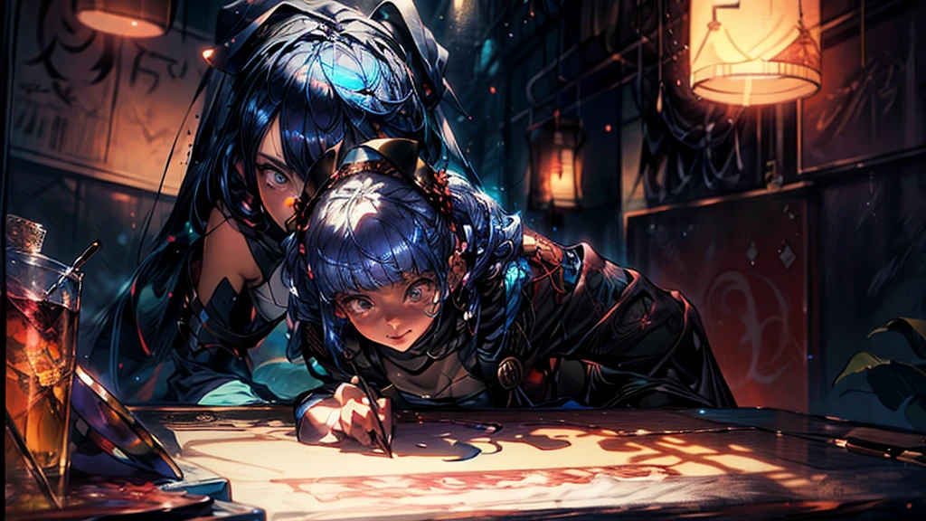 超masterpiece、Glitter Blue Hair Girl Vast Photo Break Tree Production Art、Fractal Art 、Lots of black and silver、Exquisite purple detailing、Volumetric lighting、Breaking realism(masterpiece: 1.2) , (Best image quality), 4K, Ultra-detailed, (Dynamic configuration: 1.4), Attention to detail, Colorful details, (Iridescent colors: 1.2), (Bright lighting, Atmospheric lighting), dream-like, Magic, (solo: 1.2)