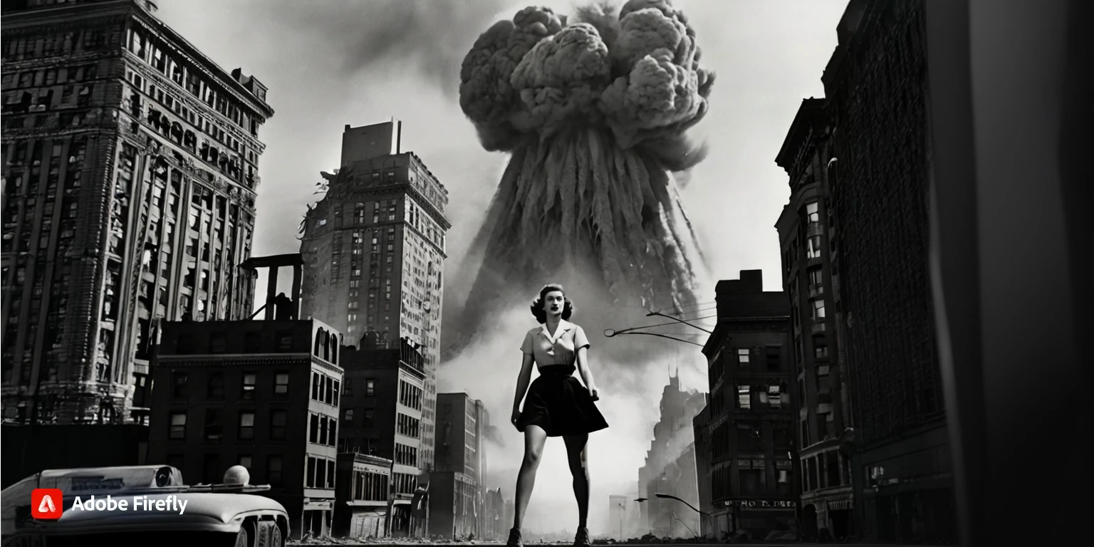 arafed image of a woman standing in front of a huge explosion, in front of a nuclear explosion, atomic explosion, nuclear bomb blast, looks at the nuclear explosion, mushroom cloud in the background, nuclear bomb explosion, nuclear explosion!!!, nuclear explosion, nuclear attack, giant explosion, by John Keane, nuclear apocalypse, nuclear war, mushroom cloud, atomic bomb