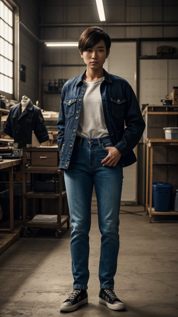 {{masterpiece, best quality, extremely detailed CG, unity 8k wallpaper, cinematic lighting, }}, Sony α7, wide frame, A short haired Japanese girl crossdressing as a man wearing man's jacket, shirt, long jeans, and shoes standing in a workshop with cool pose and fierce expression, body facing straight to the camera.