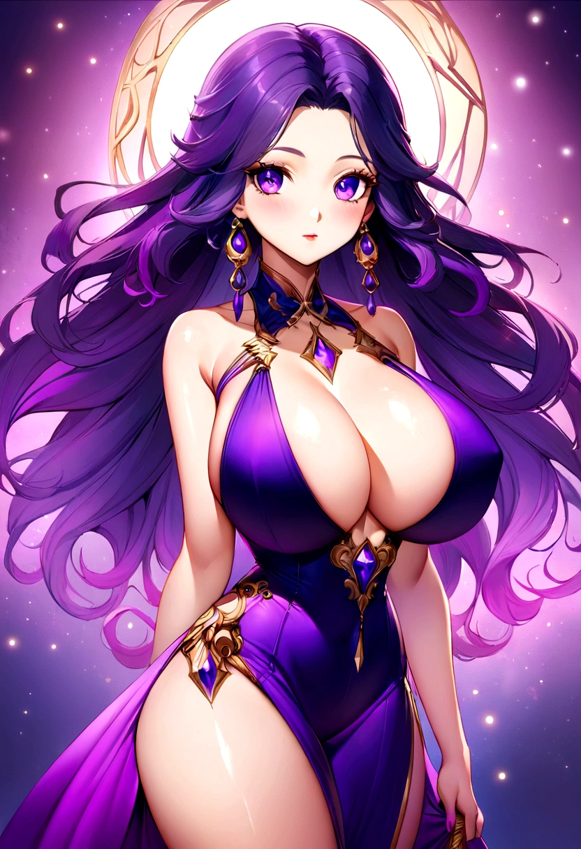 Create a digital artwork of a voluptuous female character with massive breasts in an anime-inspired style. The character should have long, flowing purple hair and large, expressive purple eyes. She should be wearing a revealing but long dress that accentuates her curves. The art style should be a blend of anime and semi-realism, with: Smooth, detailed shading: Use gradients to create depth and volume in the character's form. Sharp, precise line work: Clean lines to define the character's features and outfit. Realistic lighting effects: Emphasize the reflective quality of the whole outfit with highlights and glossy reflections. Soft, ambient background: Set the scene in a public place. The background should have a soft, romantic glow with bokeh effects to enhance the dreamy atmosphere. Color vibrancy: Use rich, vibrant colors for the character and background to make the image pop. Ensure the character's expression is giving a seductive and confident look. The overall mood should be bold and captivating, with a high level of detail and polish in the final artwork