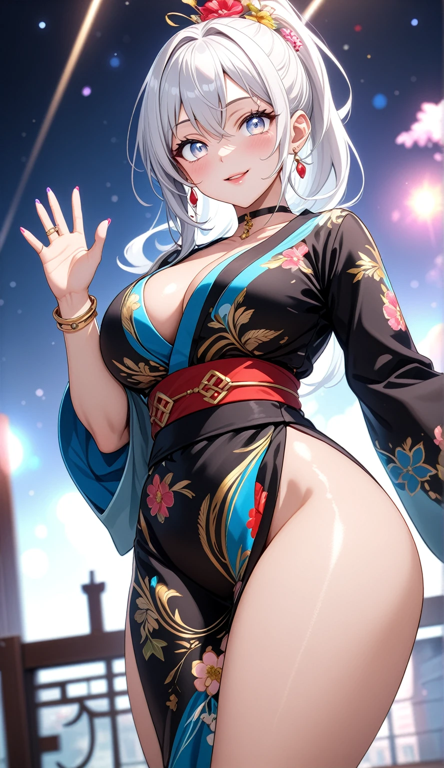 ((One personの女性)), Beautiful Face, ((waving at viewer:2.5)),Laughing embarrassedly,((Wink:1.8)),Laugh with your mouth wide open((Bright red cheeks:1.4)),Shiny red lips,night,rooftop,Festive decorations,You can see the ocean, firework,Laughing with your mouth open,Glossy pink lips,Lighting on the face,((Anime style background)),masterpiece, Highest quality, so beautiful,Latest, Complex details, (Pink long nails),(ring),(bracelet),(choker),AI-generated, Complex,High resolution, Highest quality, super high quality,3D Images、3D Images,One person,Long white hair,High Ponytail,(blue eyes),Anime woman posing for a photo, ((Fine grain、Silvery white colorful eyes、Shining Eyes:1.4)),(Squint your eyes:1.1),a hyperRealistic , hyperRealistic , Realistic,Anime woman with long and white hair, Smooth anime CG art, A woman in a colorful kimono with gold embroidery, (Black long sleeve kimono),Red floral pattern,Long flower hair ornament,Big earrings,Mature Body,(Big Breasts:1.1),Tall,Abdominal muscles,Narrow waist,(Zoom in on face:1.7),Shooting from below at an angle
