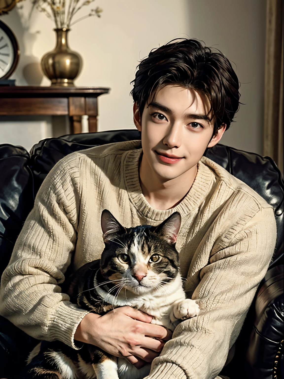 (Highest quality, masterpiece, 8K, top quality, ultra realistic, award winning) 22 year old cool guy. Half body. He stares at you. He is in love with the viewer. His cheeks are red. He smiles at the viewer. He looks happy.
A handsome man relaxing with his adorable dog or cat in a cozy, warm living room.
