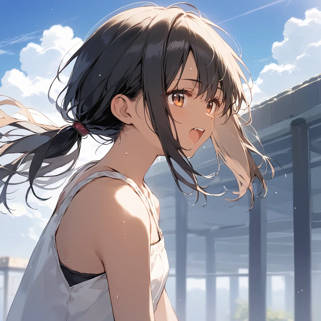 score_9, score_8_up, score_7_up, source_anime, best quality, masterpiece, official art, absurdres, highres, ultra-detailed,waifu2x,Collection: Slice of Life,break,1girl, tomboy, dark-skinned female, short hair, low ponytail, flat chest, beautiful detailed eyes, short shorts, sweat, open mouth, (yawn:0.3), sleepily, outdoors, wind, break,(clear line illustration:1.2),very high resolution, very aesthetic, super detailed skin, Best sexual lighting powered by famous artist, 8k,cute picture,beauty illustration,photoshop_(medium),,(Detailed Lighting),best anime 8k konachan wallpaper, pixiv contest winner,