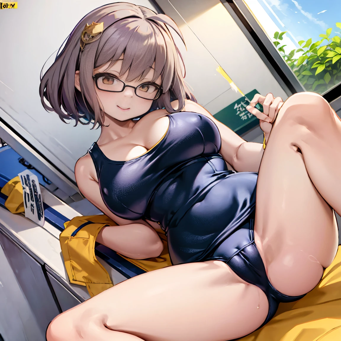 8K、masterpiece、Japanese、Woman wearing glasses、anise、from the front、smile、Childish、Big Breasts、Transparent school swimsuit、night、Bedroom、Spread your legs and show、Pee is yellow