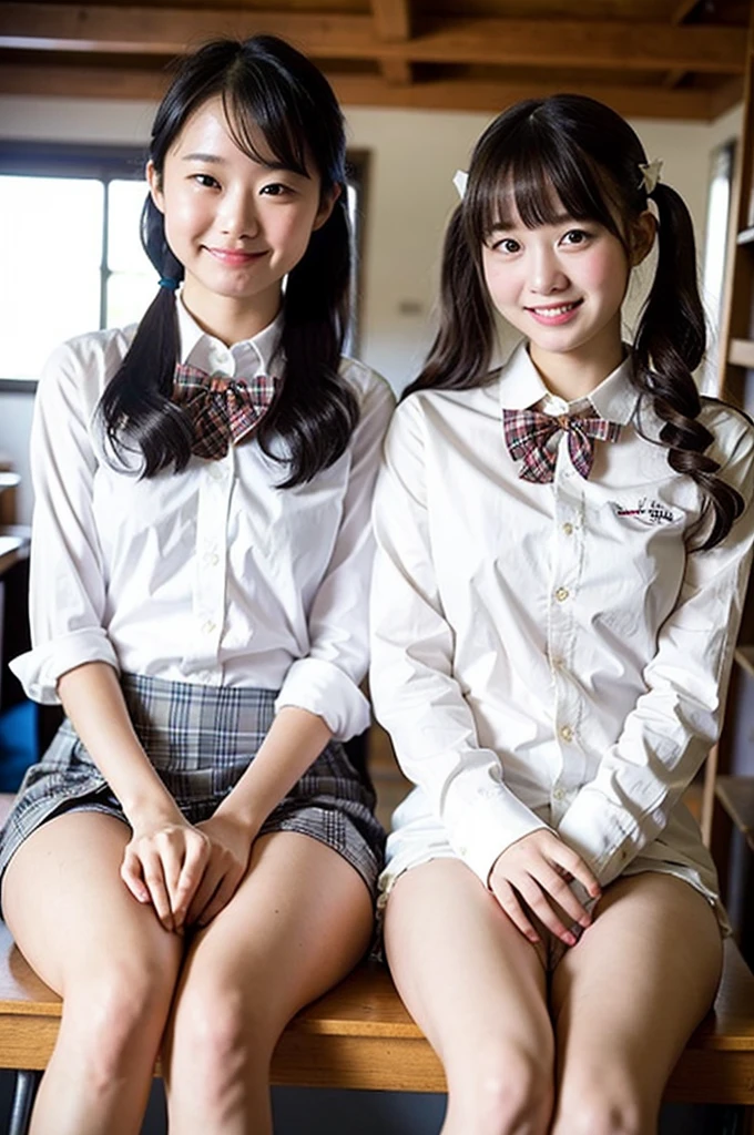 2 girls on desk in wooden school classroom,white shirt with plaid bow tie,white thong,hands on crotch,spreading legs apart,18-year-old,bangs,a little smile,large bare thighs,knees,short hair with low pigtails,from before,front light