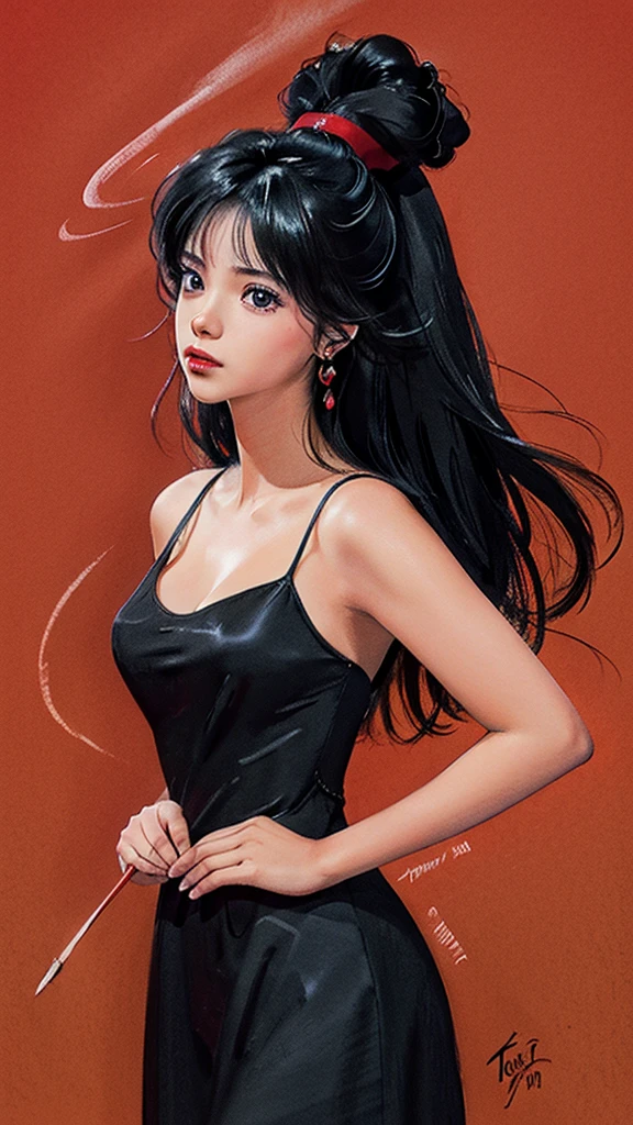 random angle image, brush drawing image, portrait image, beautiful busty Thai female , aged 20, soft skin colour, flowing long black hair, red slim fit maid dress, dynamic fashion pose, red smoke lines behind, white background, 8K resolution