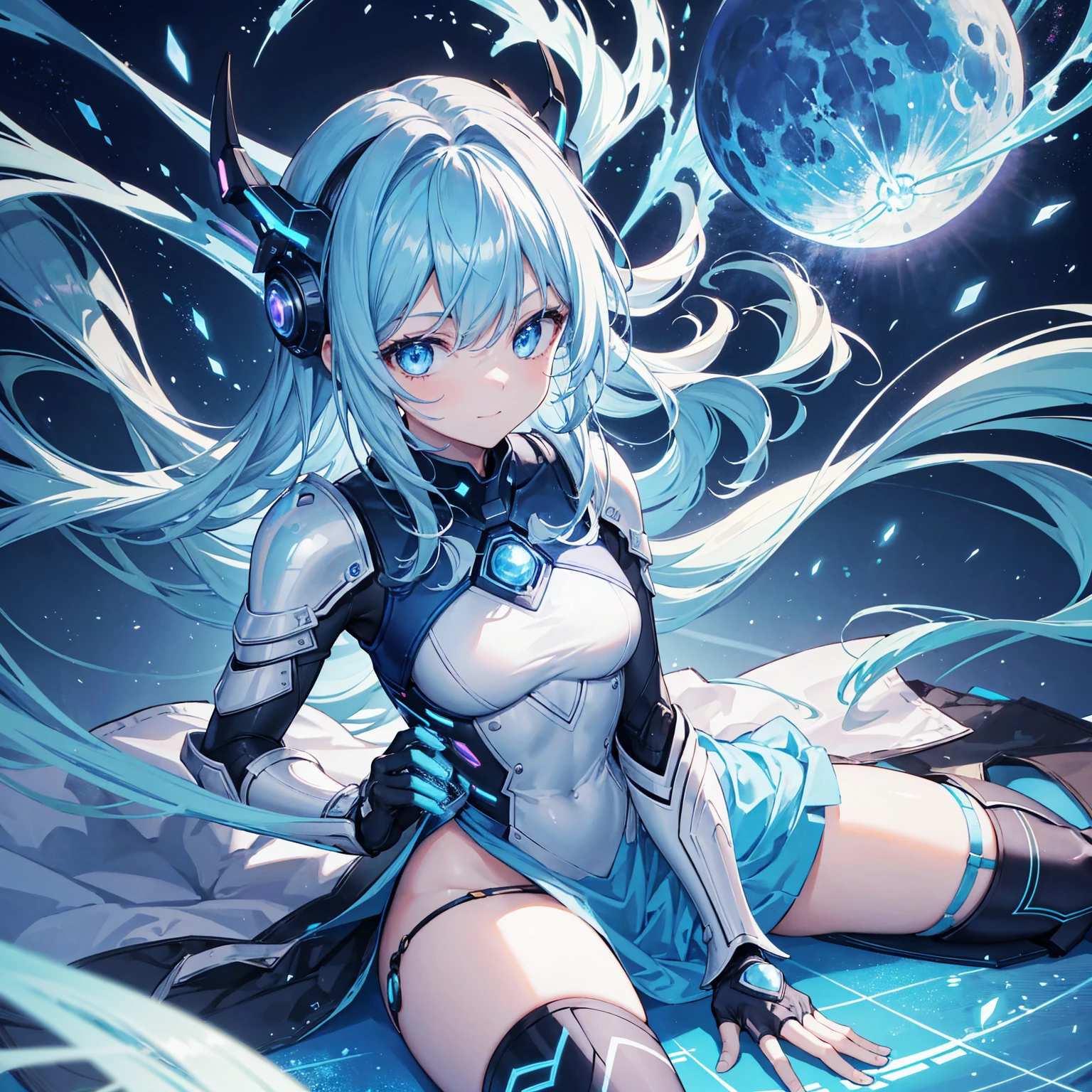 8K, Highest quality, (real:1.4), Original photo, 1 girl, Asari Hair, Biological Amplifier, Very sleek and futuristic armor, posture: Peace talks between warring factions,,attention arousal, smart blue eyes,A modest smile,Knee-high boots,Blue big moon and blue light swirl in the background,Blue light from behind,blue light magic,A small, glowing blue ball in the palm of your hand,Blue flame swirl