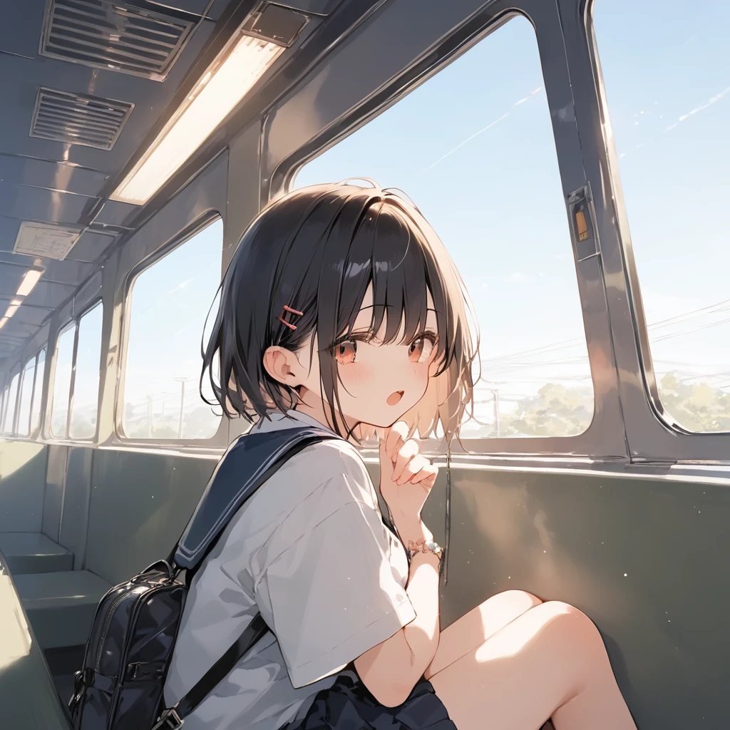 score_9, score_8_up, score_7_up, source_anime, best quality, masterpiece,ultra-detailed,official art, absurdres, highres, waifu2x, break,1girl, school girl, short hair, beautiful detailed eyes, sit, open mouth, (yawn:0.3), sleepily,night, train, break,(clear line illustration:1.2),very high resolution, very aesthetic, super detailed skin, Best sexual lighting powered by famous artist, 8k,ero picture,beauty illustration,photoshop_(medium),,(Detailed Lighting),