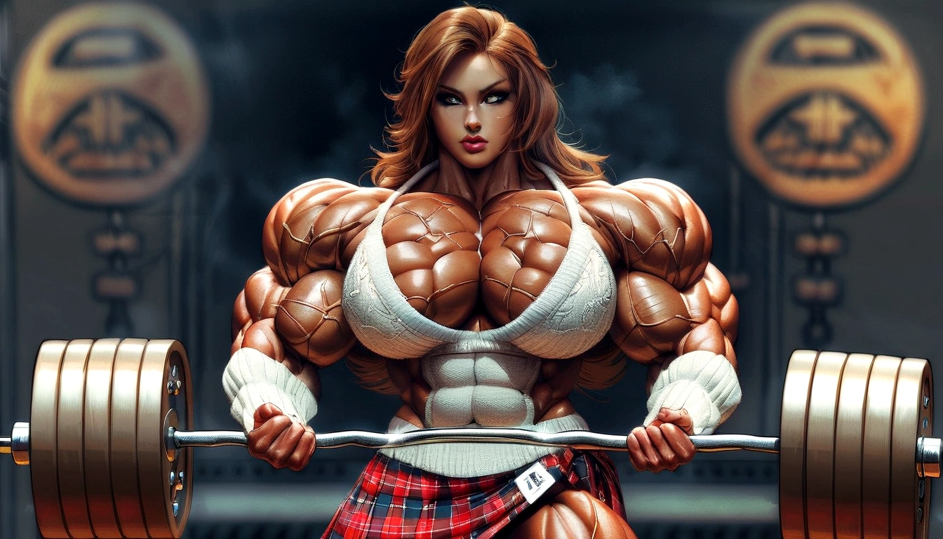 arafed woman with a large chest and a large chest holding a barbell, bodybuilding woman, muscular ultraviolent woman, extreme muscles, exaggerated physique, muscular girl, muscular and terrifying, feminine and muscular, body builder, bodybuilder, exaggerated muscle physique, very beautiful. big muscles, muscled, muscular warrior women, massive muscles, muscular character, steroids