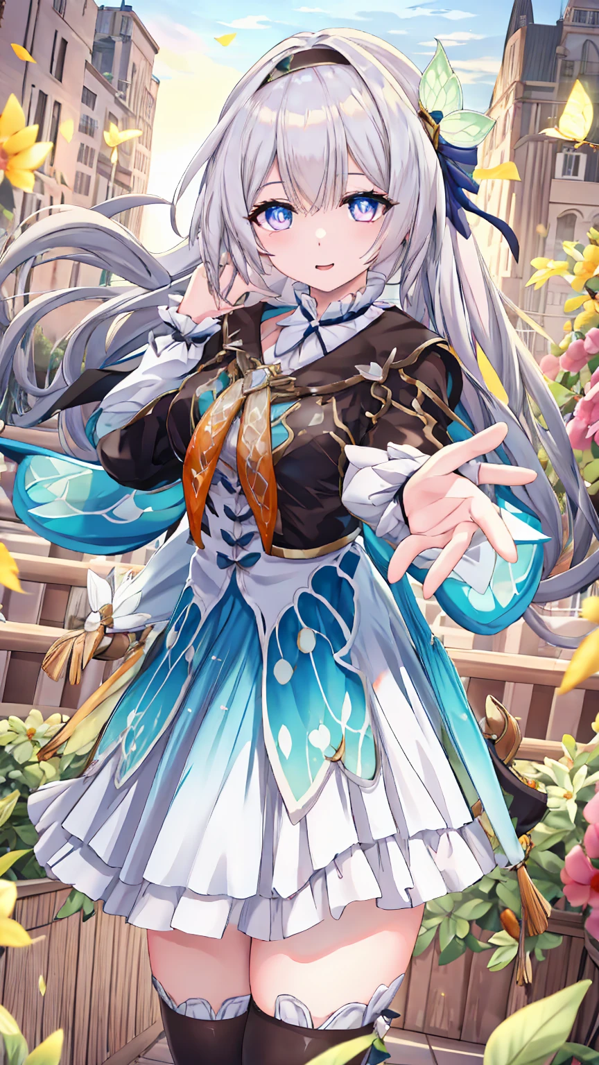 honkaifire Fly, fire Fly, (Purple eyes:1.3), Grey Hair, butterfly hair ornaments, hair ornaments, Hair Intake, Long Hair, (Bright Eyes:1.5), 
break black shoes下, blue dress, blue shoes下, dress, shoes, shoes下, two-tone dress, two-tone shoes下, white dress, Long sleeve, hair band, 
break outdoors, 
break looking at viewer, (Cowboy Shot:1.5), smile,下から構figure, Thighs, ((Black knee socks)), Absolute area, sexy,
break (masterpiece:1.2), Highest quality, High resolution, unity 8k wallpaper, (figure:0.8), (美しいFine grain:1.6), Highly detailed face, Perfect lighting, Highly detailed CG, (Perfect hands, Perfect Anatomy), 
break ((masterpiece,Highest quality)), Super detailed, Shine, Shine光, Ray Tracing, (Perfect Face, Detailed face, Fine grain, Perfect hands, Perfect Fingers:1.5), HD, Super cute face, Highest quality, Super detailed,
break Shine目, (Highest qualityの写実的なイラスト), (Super fine), (Cute illustrations:1.3), (High chroma:1.3),, Beautiful detailed face and eyes, Dynamic lighting, (Very delicate and beautiful), 
break (Nice hands), (Perfect hands:1.4), Highly detailed illustration, Super cute and beautiful, Highest quality, slender, ,,